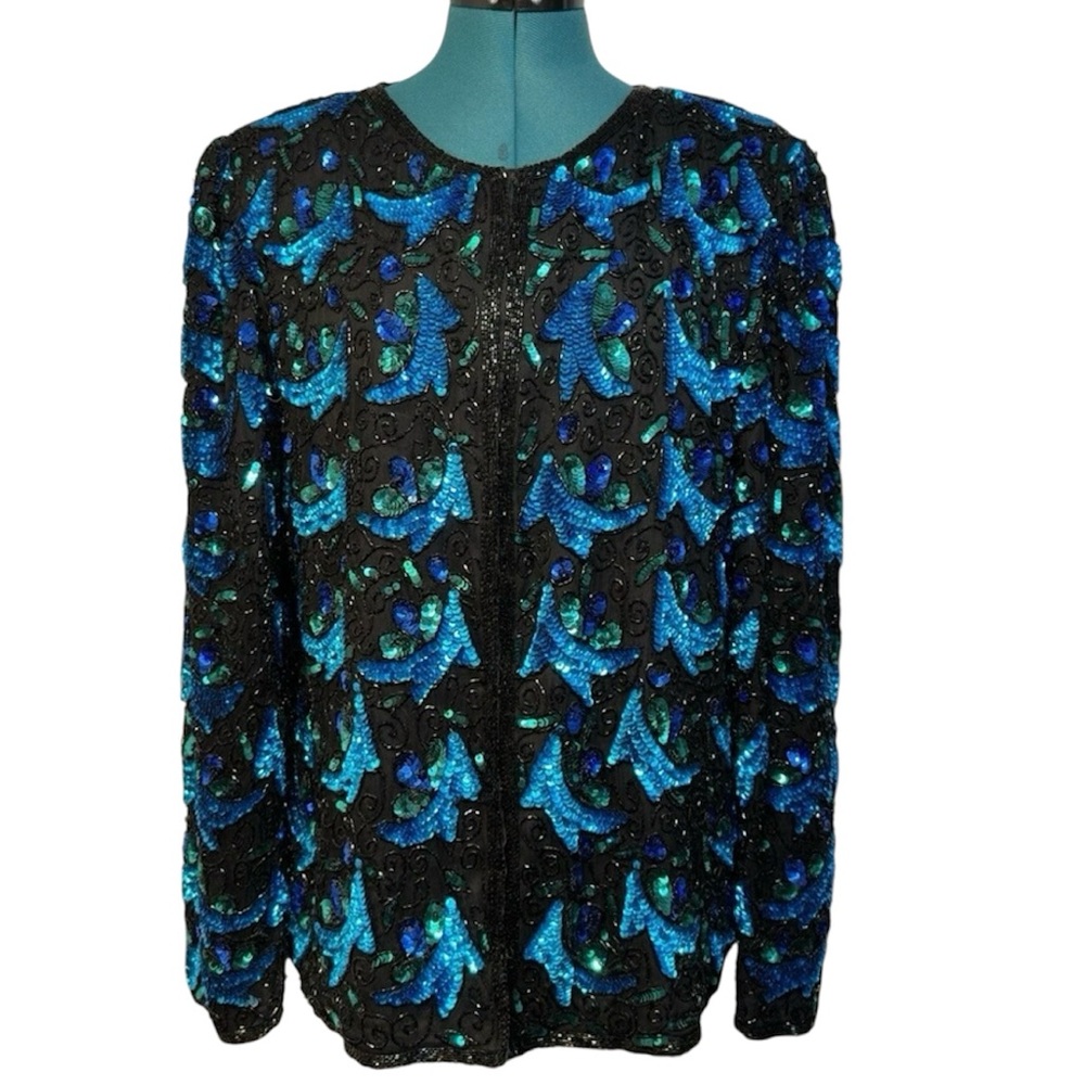 1990s Vintage Laurence Kazar Black Blue Silk Beaded Sequin Cardigan Jacket